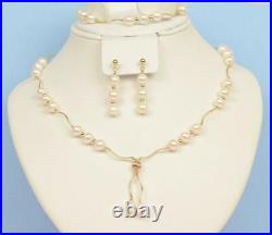 Solid 14K Yellow Gold Natural Genuine White Pearl Set