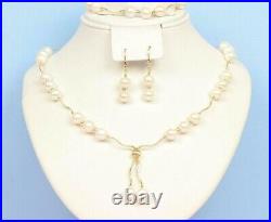 Solid 14K Yellow Gold Natural White Genuine Pearl Set