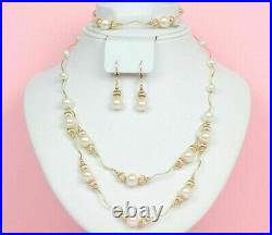 Solid 14K Yellow Gold Natural White Genuine Pearl Set