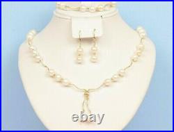 Solid 14K Yellow Gold Natural White Genuine Pearl Set