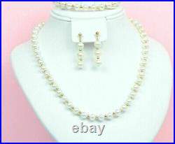 Solid 14K Yellow Gold Natural White Genuine Pearl Set