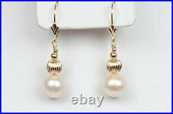 Solid 14K Yellow Gold Natural White Genuine Pearl Set