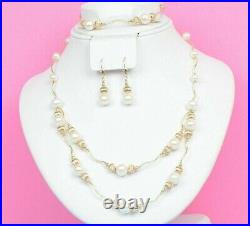 Solid 14K Yellow Gold Natural White Genuine Pearl Set