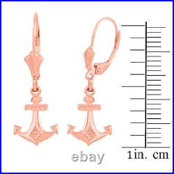Solid 14k Rose Gold Anchor Nautical Drop Leverback Earrings Set