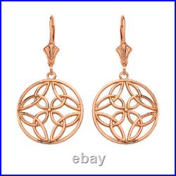 Solid 14k Rose Gold Triquetra Trinity Celtic Knot Round Drop Earrings Set