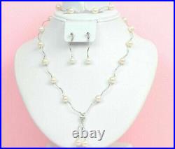 Solid 14k White Gold Charming Genuine White Pearls Set