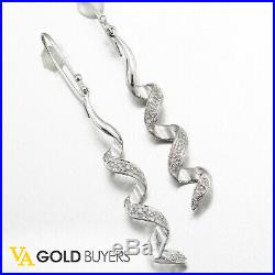 Solid 14k White Gold Diamond Set Ladies Spiral Drop/Dangle Earrings