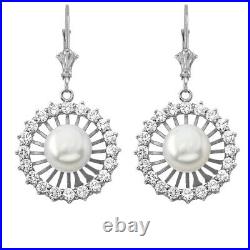 Solid 14k White Gold Elegant Designer Diamond & Pearl Earring Set