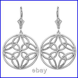 Solid 14k White Gold Large Triquetra Trinity Celtic Knot Round Drop Earrings Set