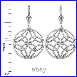 Solid 14k White Gold Large Triquetra Trinity Celtic Knot Round Drop Earrings Set