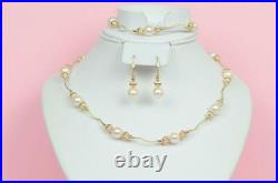 Solid 14k Yellow Gold Charming Genuine White Pearls Set