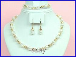 Solid 14k Yellow Gold Genuine White Pearls Set