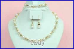 Solid 14k Yellow Gold Genuine White Pearls Set