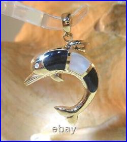 Solid 14k Yellow Gold Mother Pearl Black Onyx Diamond Hawaiian Dolphin Pendant