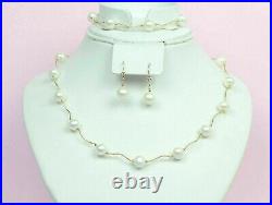 Solid 14k Yellow Gold Natural White Pearls Necklace, Bracelet, Earrings Set