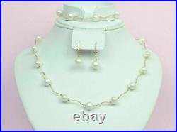 Solid 14k Yellow Gold Natural White Pearls Necklace, Bracelet, Earrings Set Solid 14k Yellow Gold Natural White Pearls Necklace, Bracelet, Earrings Set