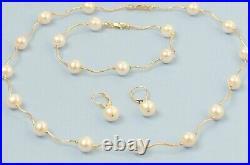 Solid 14k Yellow Gold Natural White Pearls Necklace, Bracelet, Earrings Set