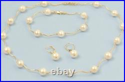 Solid 14k Yellow Gold Natural White Pearls Necklace, Bracelet, Earrings Set Solid 14k Yellow Gold Natural White Pearls Necklace, Bracelet, Earrings Set