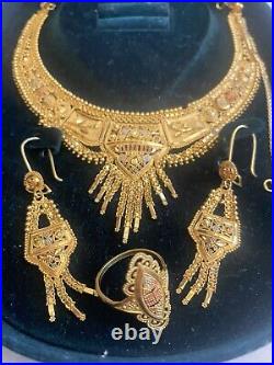 Solid 21K Yellow Gold Necklace with Dangle Drop Earrings & Ring Bridal Set