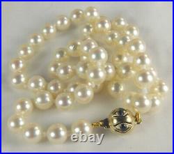 Solid 9ct gold Sapphire set clasp 6mm Matched Akoya cultured Pearl necklace