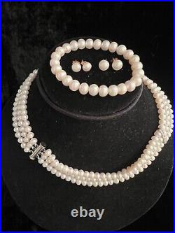 Solid Freshwater Pearl Necklace + Bracelet + 2 earrings set with sold14k gold