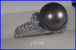 South Sea Black Tahitian 11.3 mm Pearl and Diamond Ring set in 14k white gold