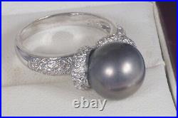 South Sea Black Tahitian 11.3 mm Pearl and Diamond Ring set in 14k white gold