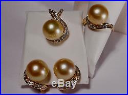 South Sea golden pearl set(Ring, Earrings&Pendant), diamonds, solid 14k yellow gold