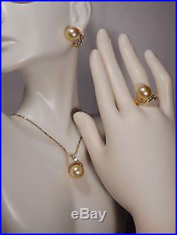 South Sea golden pearl set(Ring, Earrings&Pendant), diamonds, solid 14k yellow gold