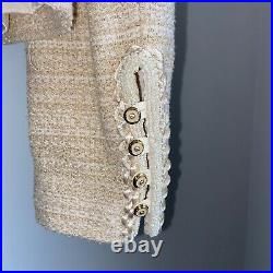 St John Couture Set Flare Skirt Jacket Gold & Ivory Mini Pearl Beaded 2/4 Flaw