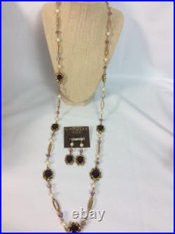 Statement Carolee Lux Purple Crystal Faux Pearl gold tone Necklace earrings Set