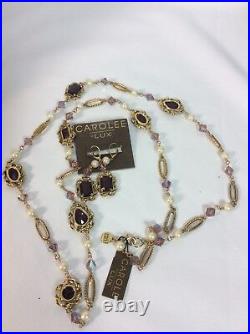 Statement Carolee Lux Purple Crystal Faux Pearl gold tone Necklace earrings Set