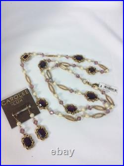 Statement Carolee Lux Purple Crystal Faux Pearl gold tone Necklace earrings Set