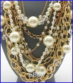 Statement Chunky Clear Ball Pearl Multi Gold Chain Necklace Pierced Earrings SEt