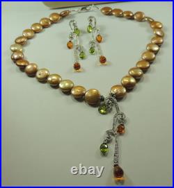 Statement Golden Coin Pearl Necklace with Quartz Earrings Set Wedding