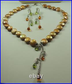 Statement Golden Coin Pearl Necklace with Quartz Earrings Set Wedding