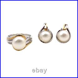 Sterling & 10K Gold Pearl Natural Diamond Size7 Ring & Earring Set 11Gr TW#1439