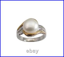 Sterling & 10K Gold Pearl Natural Diamond Size7 Ring & Earring Set 11Gr TW#1439