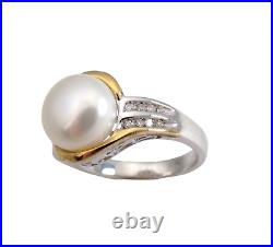 Sterling & 10K Gold Pearl Natural Diamond Size7 Ring & Earring Set 11Gr TW#1439