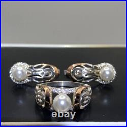 Sterling Silver Set Ring Earrings 9k Gold Pearl Zircon