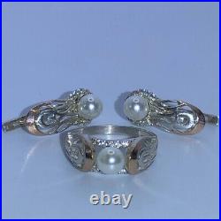 Sterling Silver Set Ring Earrings 9k Gold Pearl Zircon
