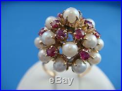 Striking Vintage Pearl And Rubies Unique High Set Cluster Cocktail Ring 5 Grams
