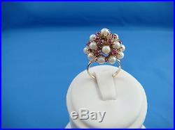 Striking Vintage Pearl And Rubies Unique High Set Cluster Cocktail Ring 5 Grams