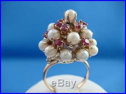Striking Vintage Pearl And Rubies Unique High Set Cocktail Ring 5 Grams