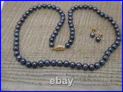 Stunning 14K 14ct Gold 5/6mm Black Akoya Pearl 17 Necklace & Stud Earring Set