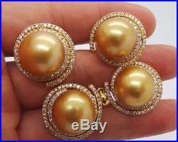 Stunning 14k Yg Set Of 14mm Golden South Sea Pearl Ring Earring Pendant E12716-2