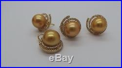 Stunning 14k Yg Set Of 14mm Golden South Sea Pearl Ring Earring Pendant E12716-2