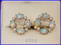 Stunning 16 stone opal and pearl cluster earrings, in 14ct gold setting