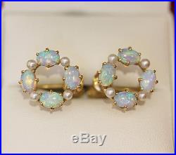 Stunning 16 stone opal and pearl cluster earrings, in 14ct gold setting