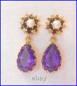 Stunning 9ctw Amethyst 4mm Pearl Crown Set 14K Yellow Gold Dangle Earrings 30mm